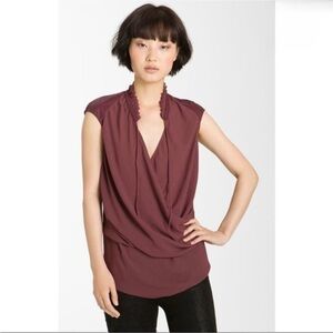 NWOT Helmut Lang Burgundy Chiffon Draped Wrap Blouse w/ Leather Shoulder Panel S